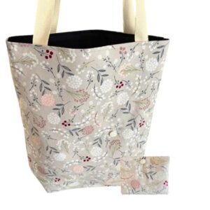 Foldable and Reversible Tote in Light Gray Floral and Navy