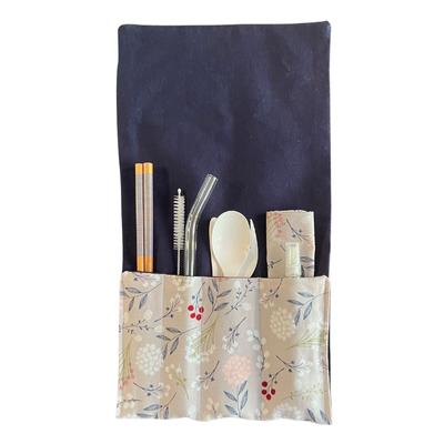Travel Utensil Set in Light Gray Floral and Navy Blue Cotton Pouch