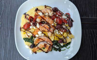 Balsamic Grilled Shrimp with Creamy Parmesan Polenta and Marinated Tomatoes