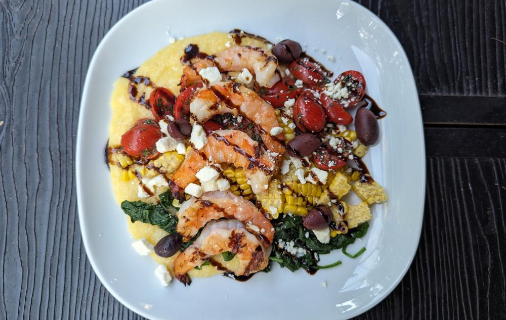 Balsamic Grilled Shrimp with Creamy Parmesan Polenta and Marinated Tomatoes