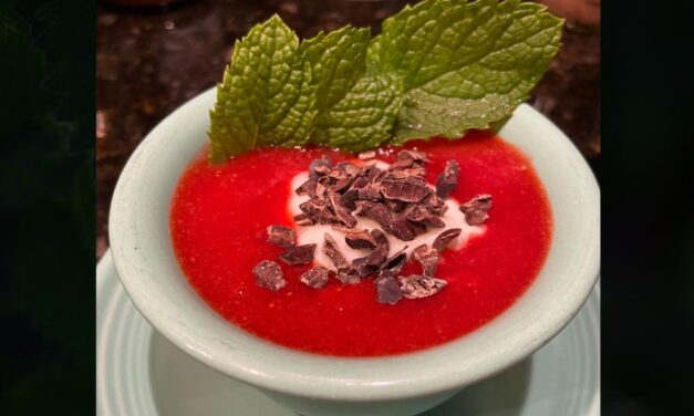 Chilled Strawberry Soup with Cocoa Nibs and Yogurt