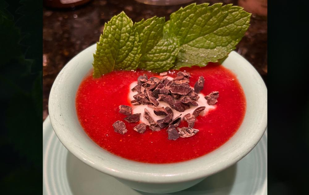 Chilled Strawberry Soup with Cocoa Nibs and Yogurt